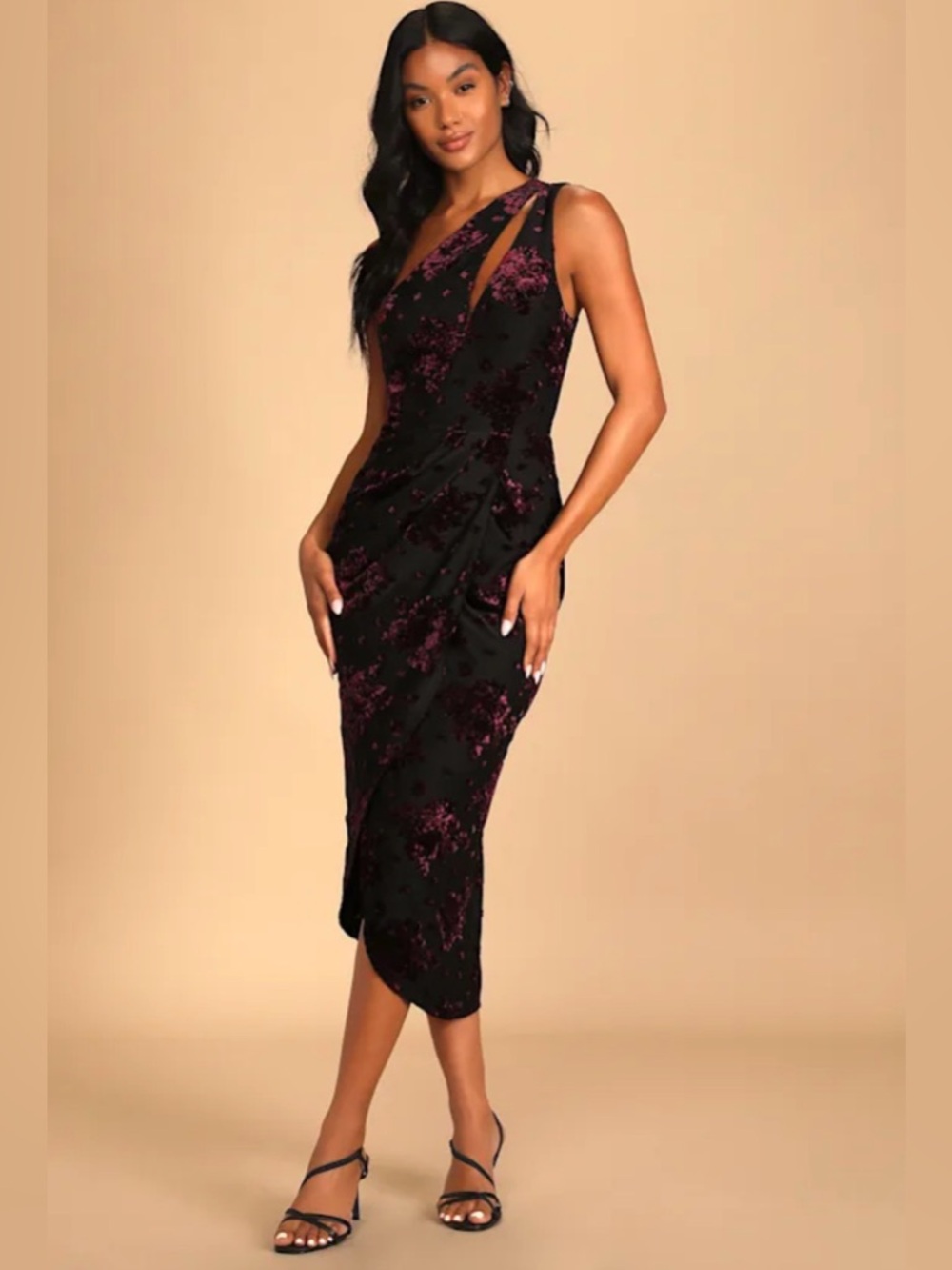 One-Shoulder Black Floral Burnout Midi Dress - NWT